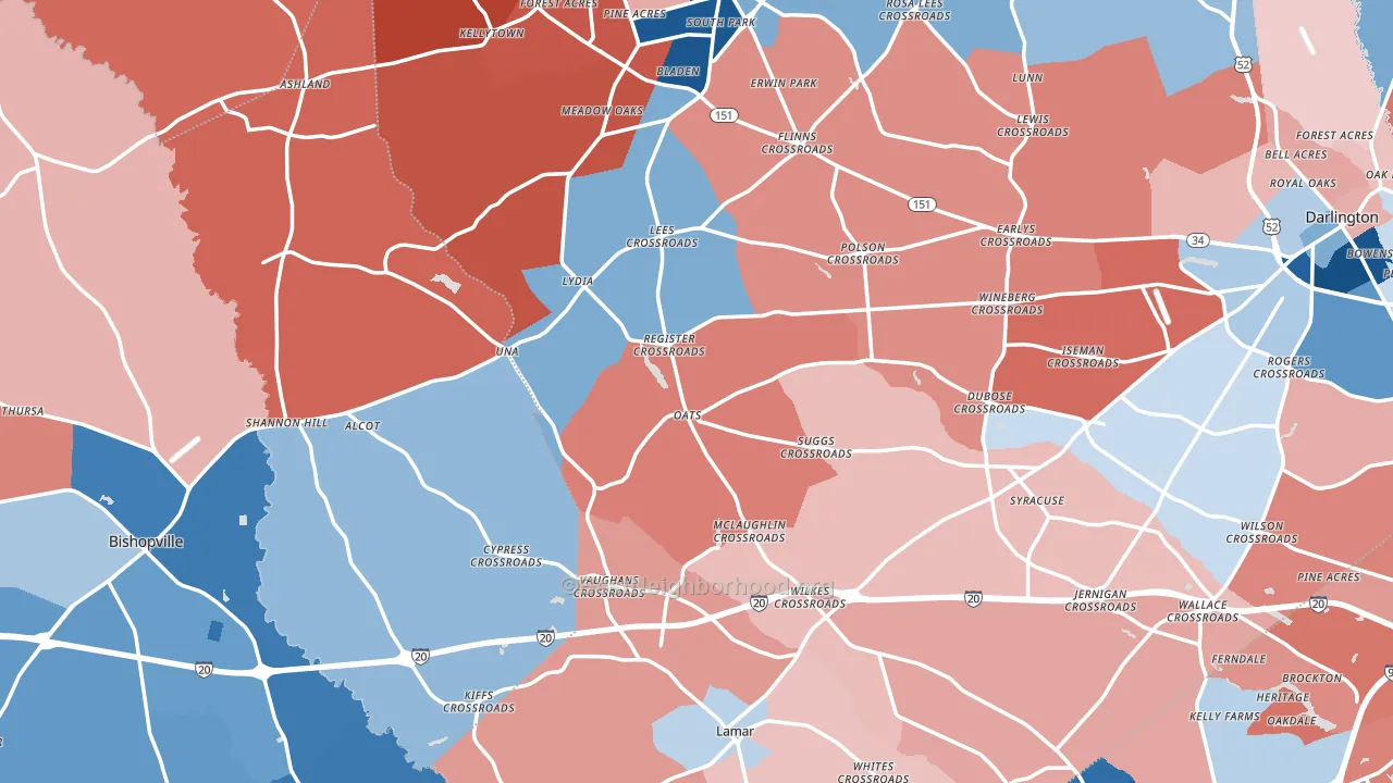 Mechanicsville, SC block-group political-lean map