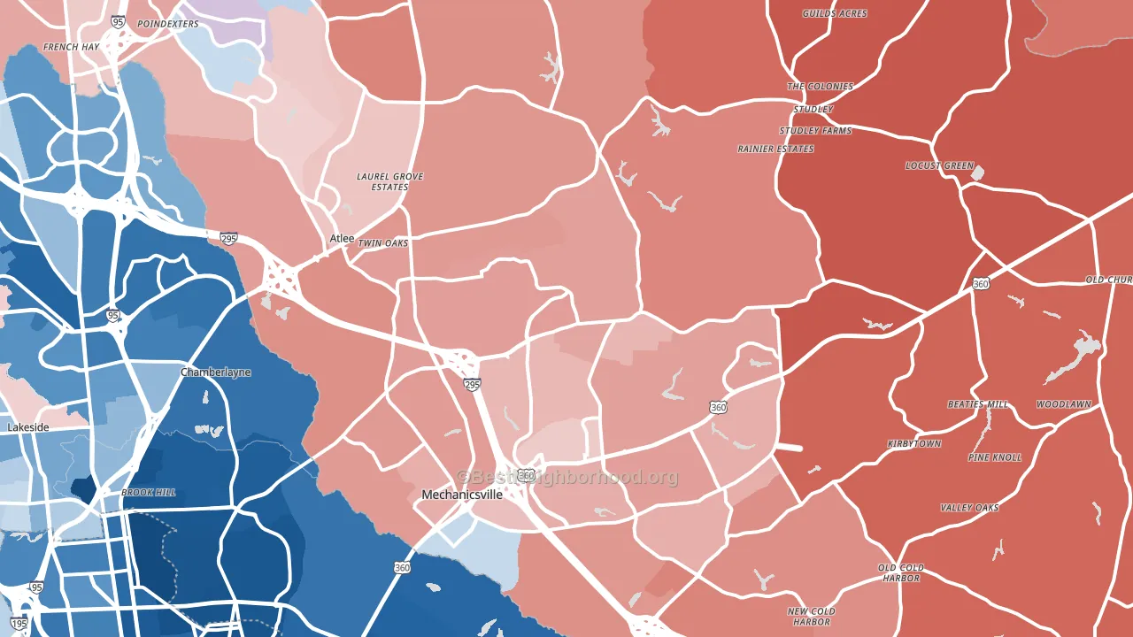 Mechanicsville, VA block-group political-lean map