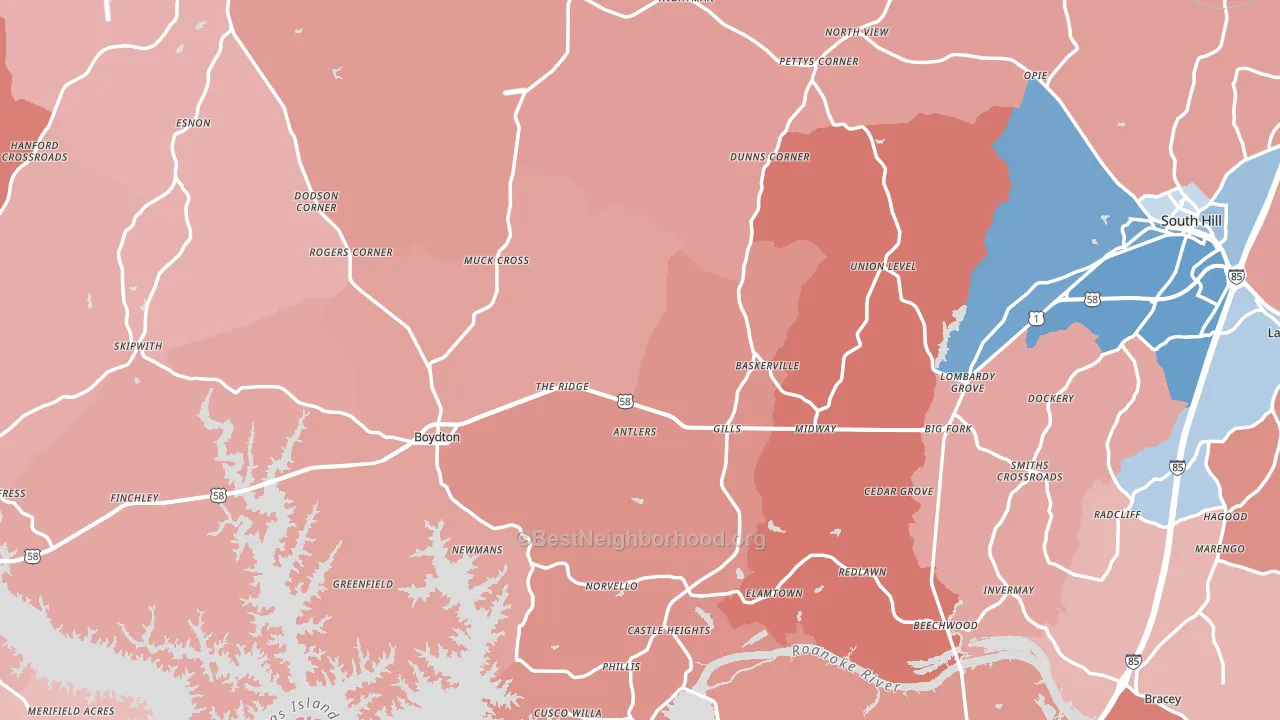 Mecklenburg County, VA block-group political-lean map