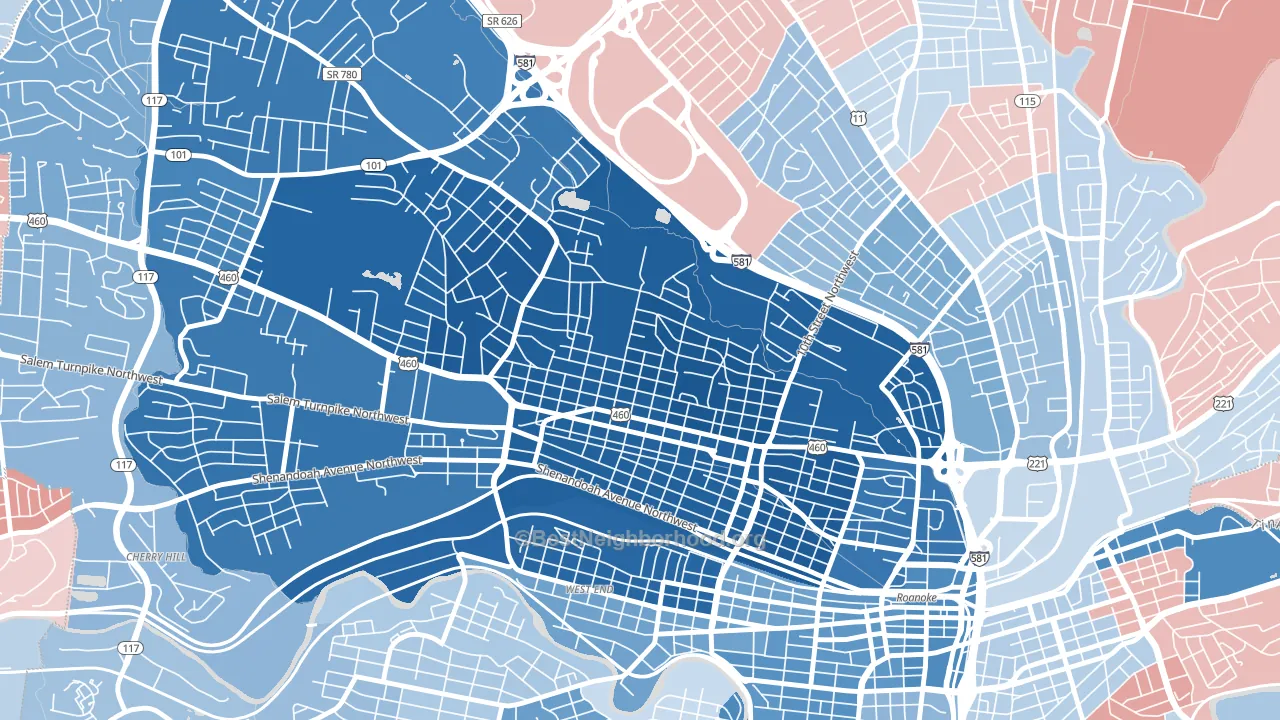 Melrose-Rugby, Roanoke, VA block-group political-lean map