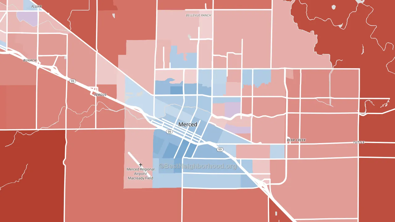Merced, CA block-group political-lean map
