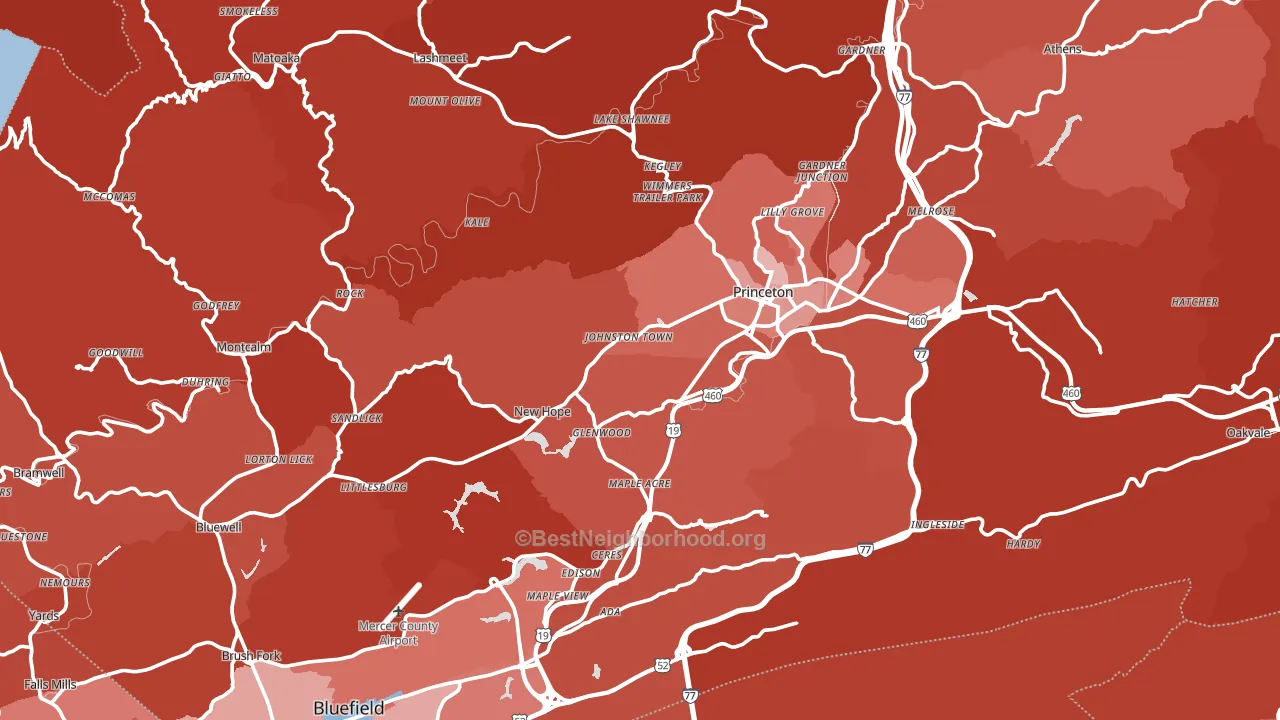 Mercer County, WV block-group political-lean map