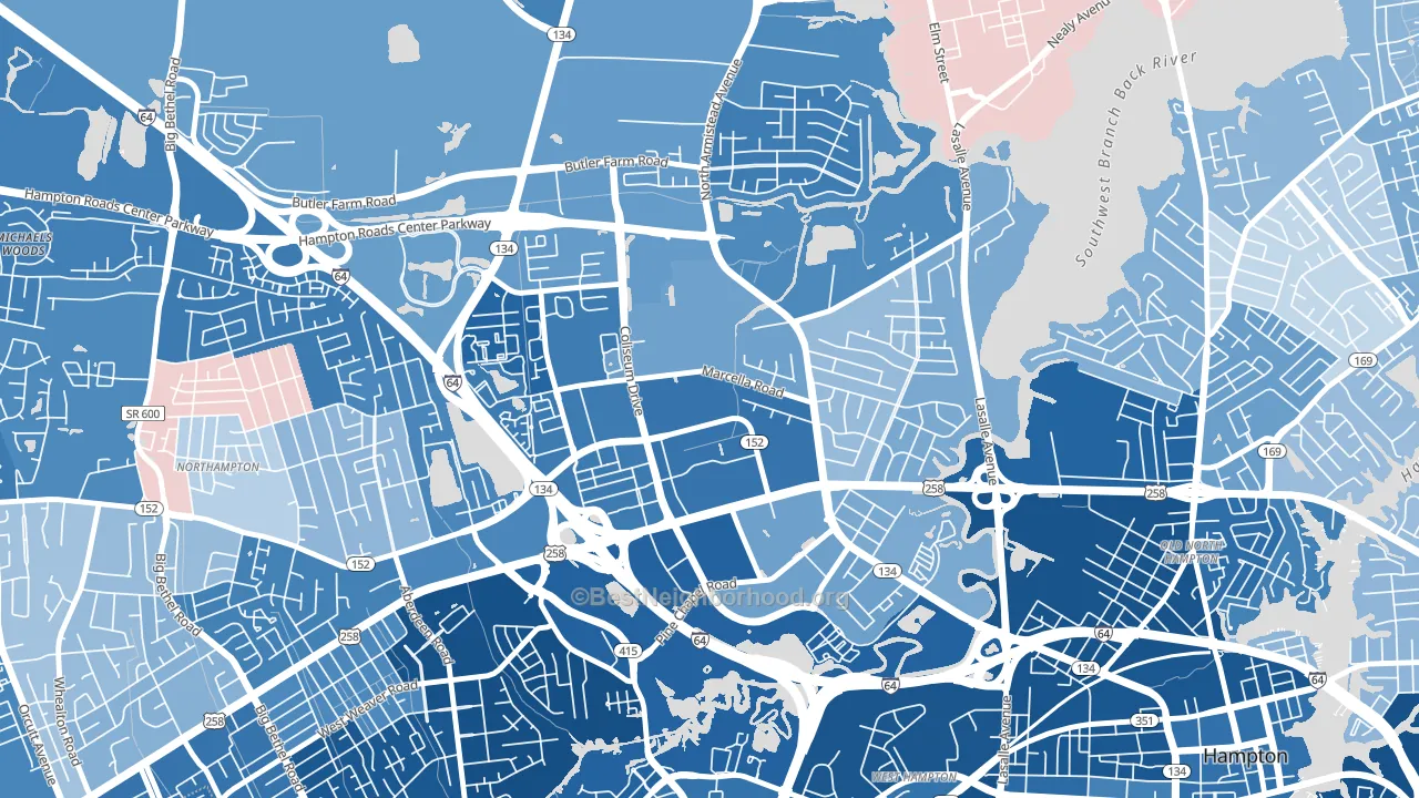 Mercury Central, Hampton, VA block-group political-lean map