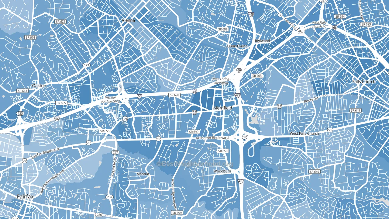 Merrifield, Fairfax, VA block-group political-lean map