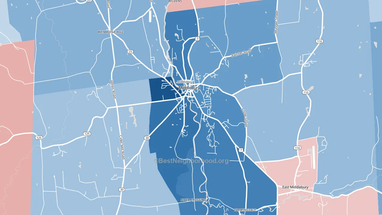 Middlebury, VT block-group political-lean map
