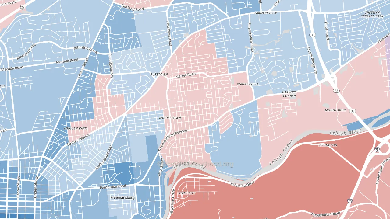 middletown, Bethlehem, PA block-group political-lean map