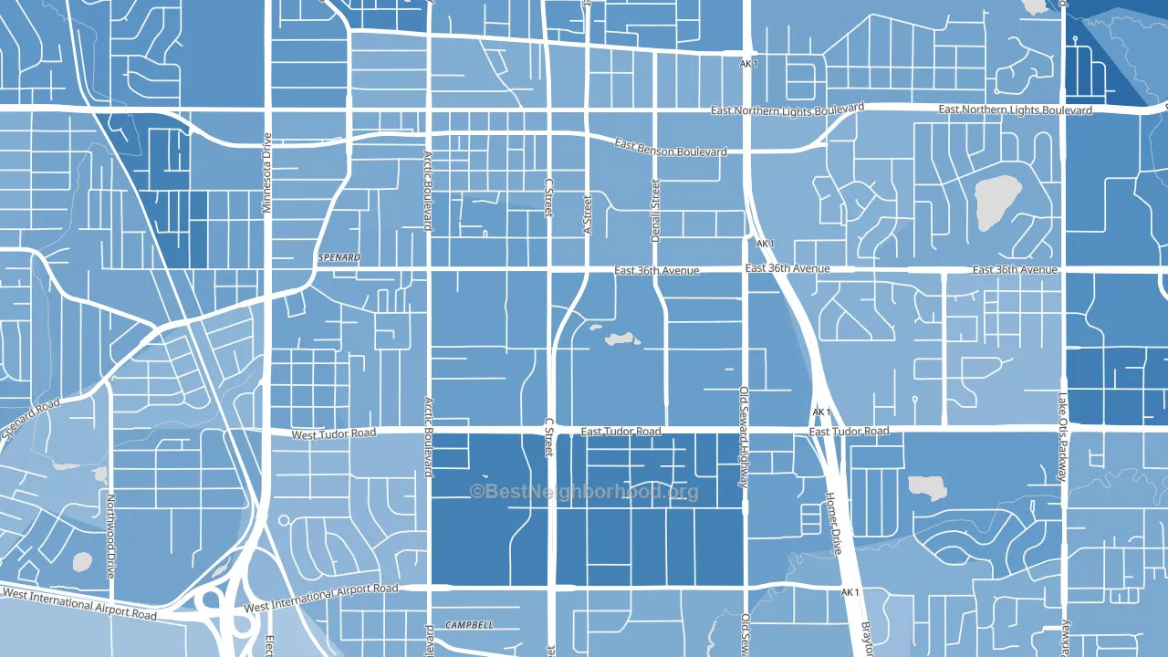 Midtown, Anchorage, AK block-group political-lean map