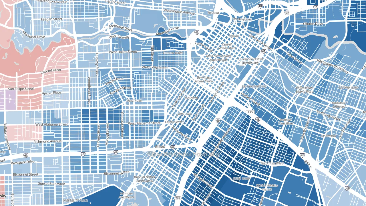 Midtown, Houston, TX block-group political-lean map