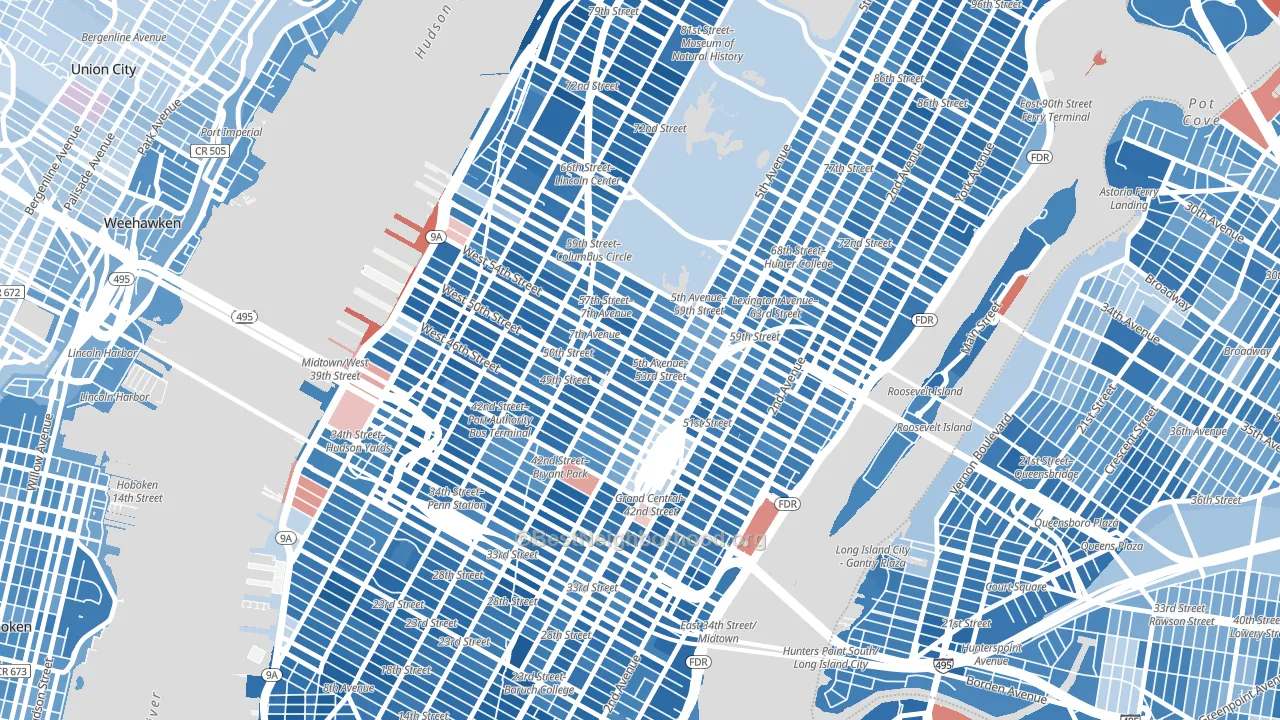 Midtown, Manhattan, NY block-group political-lean map
