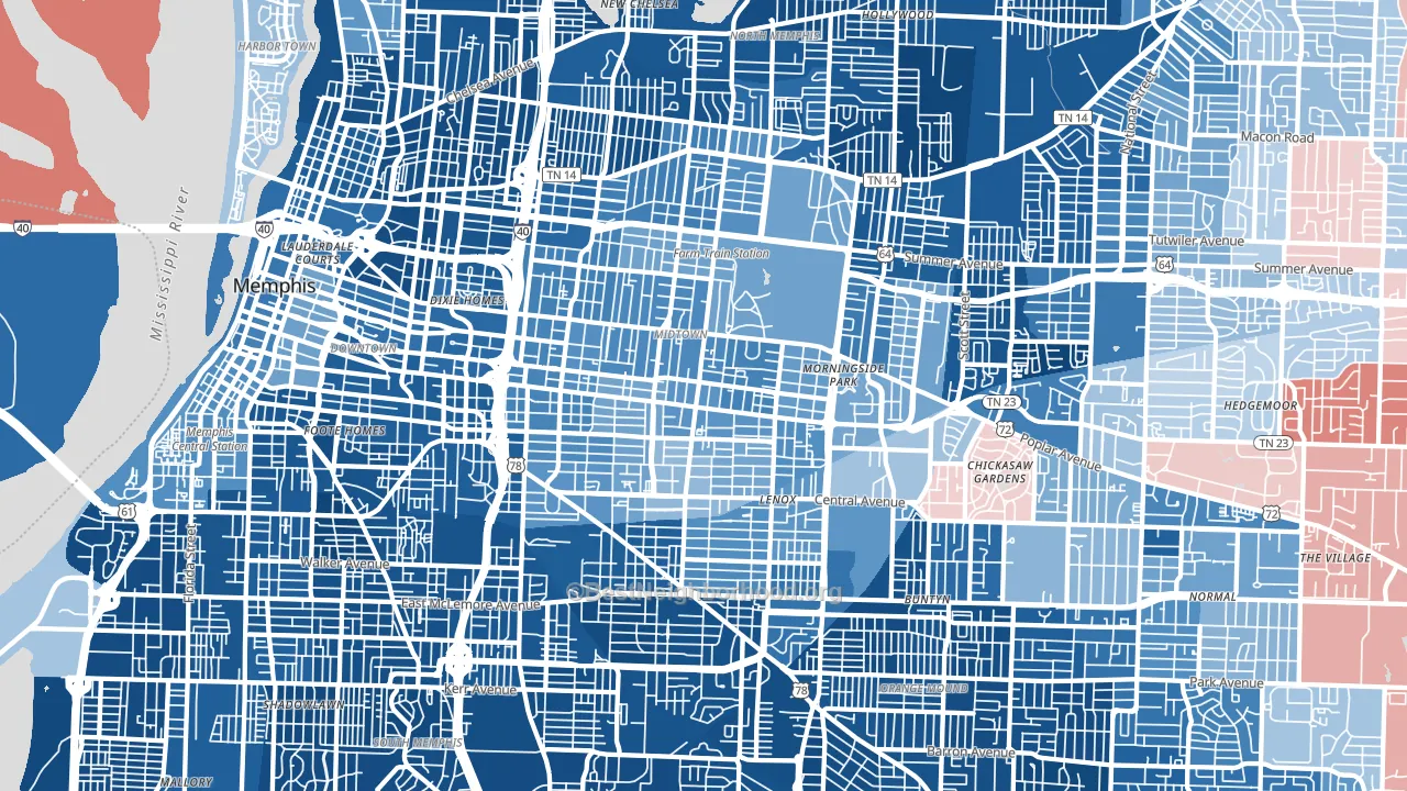 Midtown-Memphis, Memphis, TN block-group political-lean map