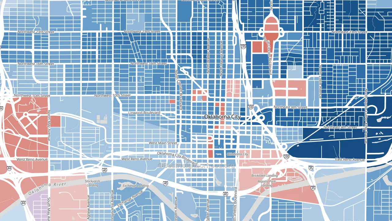 Midtown, Oklahoma City, OK block-group political-lean map
