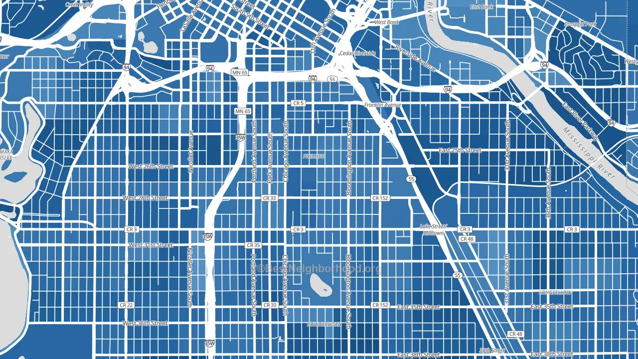 Midtown Phillips, Minneapolis, MN block-group political-lean map