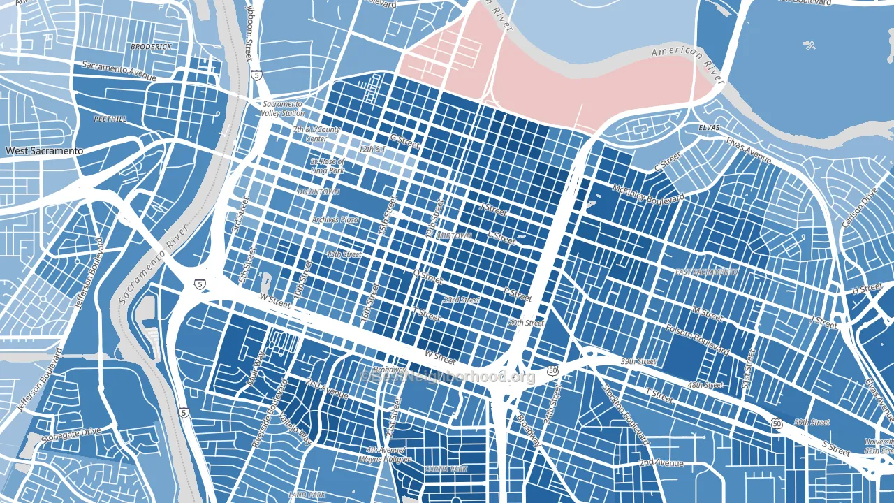 Midtown, Sacramento, CA block-group political-lean map