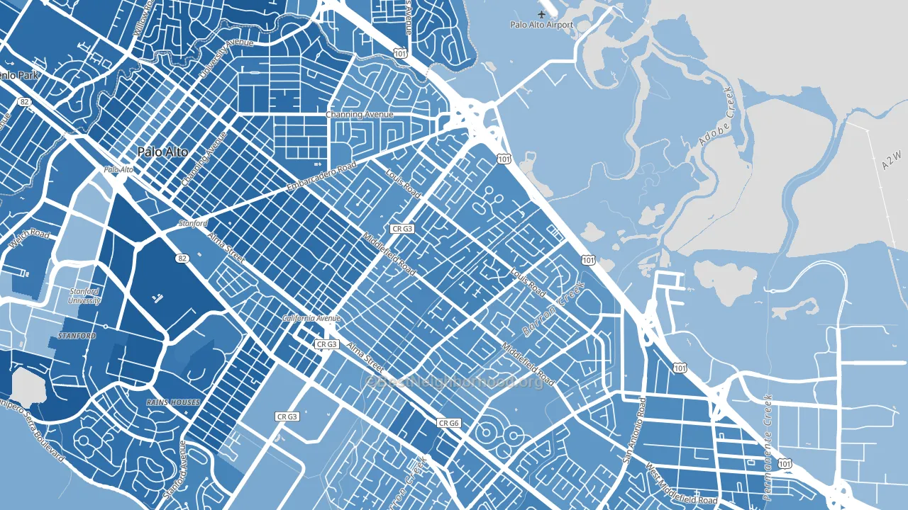 Midtown-San Jose, Palo Alto, CA block-group political-lean map