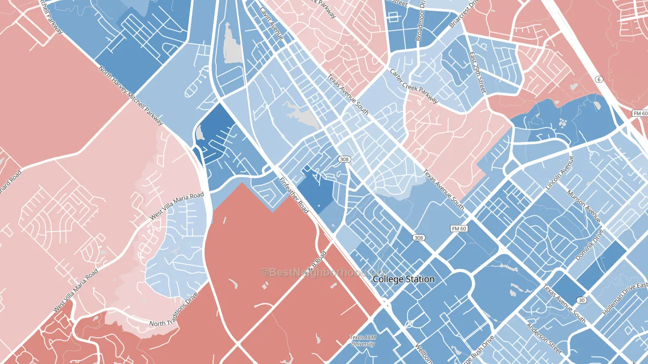 Midway Place, Bryan, TX block-group political-lean map