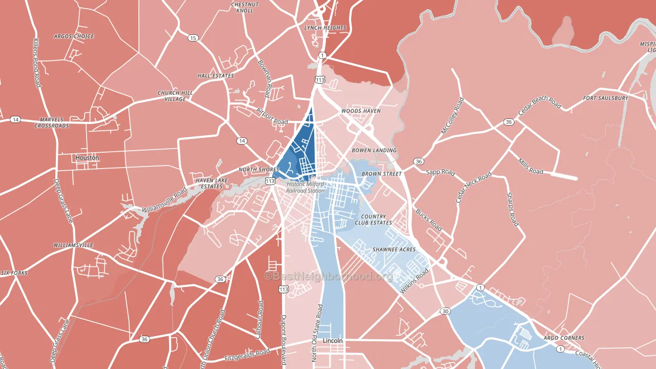 Milford, DE block-group political-lean map