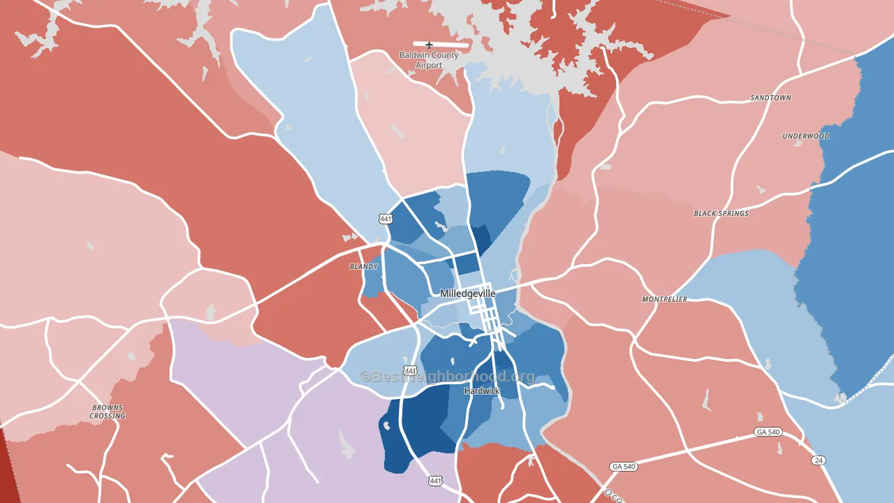 Milledgeville, GA block-group political-lean map