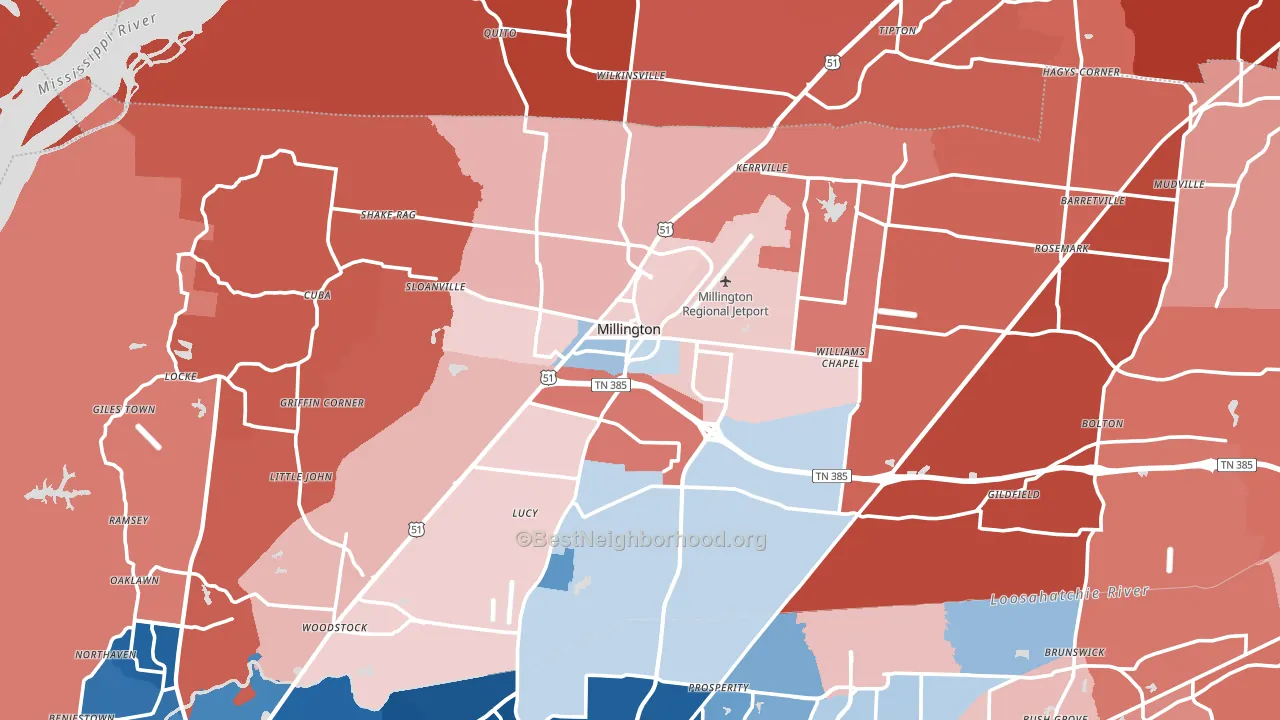 Millington, TN block-group political-lean map
