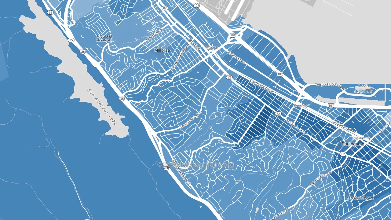 Mills Estates, Burlingame, CA block-group political-lean map