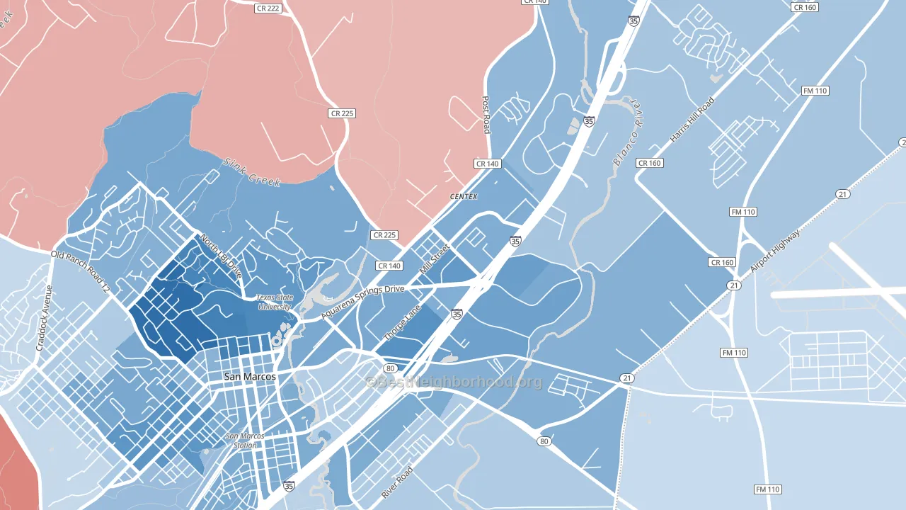 Millview East, San Marcos, TX block-group political-lean map