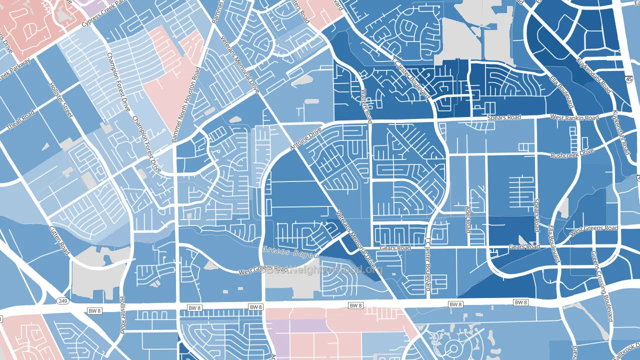 Milroy Farms, Houston, TX block-group political-lean map