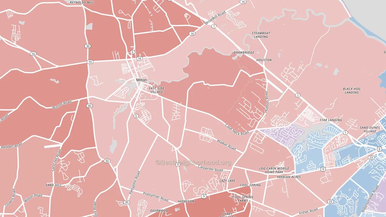 Milton, DE block-group political-lean map