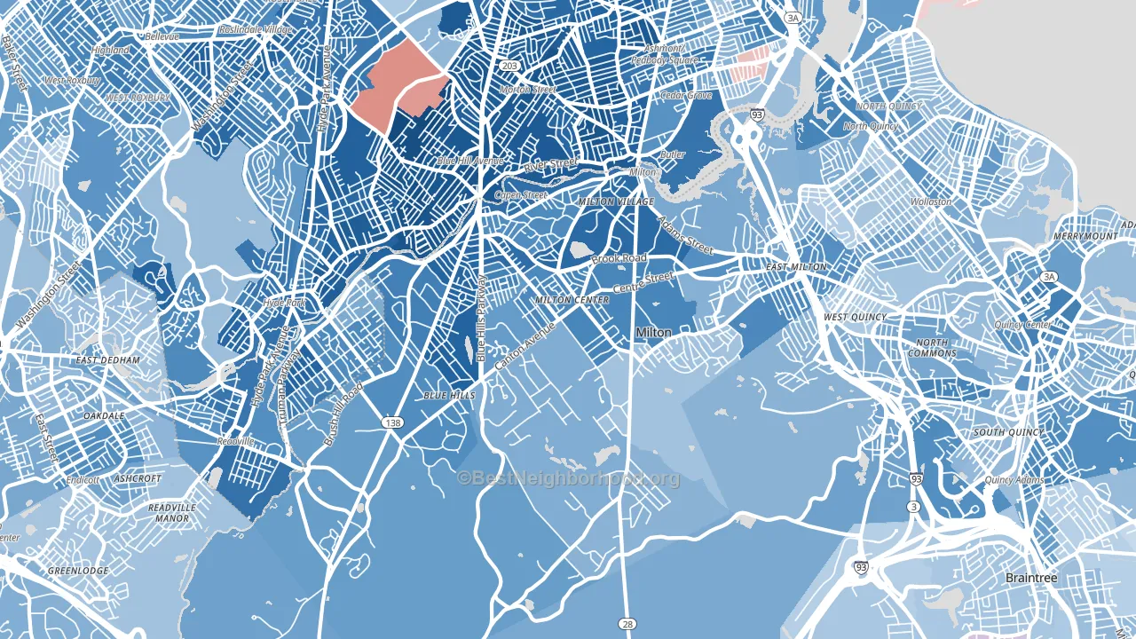 Milton, MA block-group political-lean map