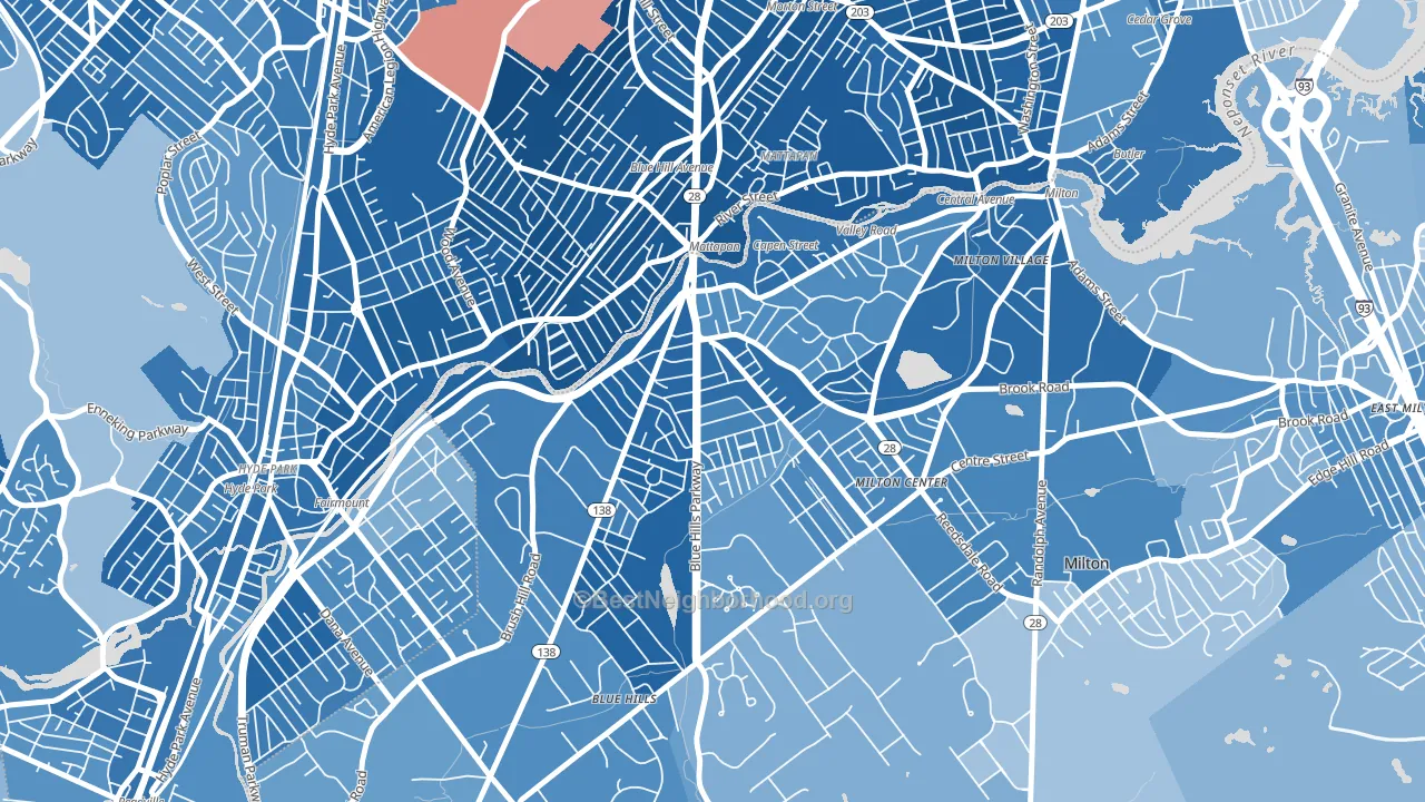 Milton Upper Mills, Milton, MA block-group political-lean map