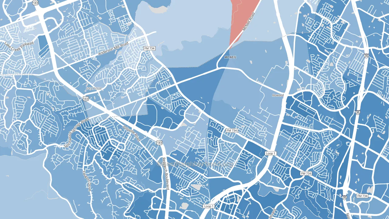 Milwood, Austin, TX block-group political-lean map