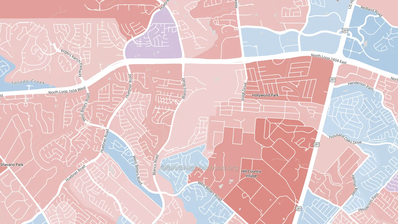 Mission Ridge, San Antonio, TX block-group political-lean map