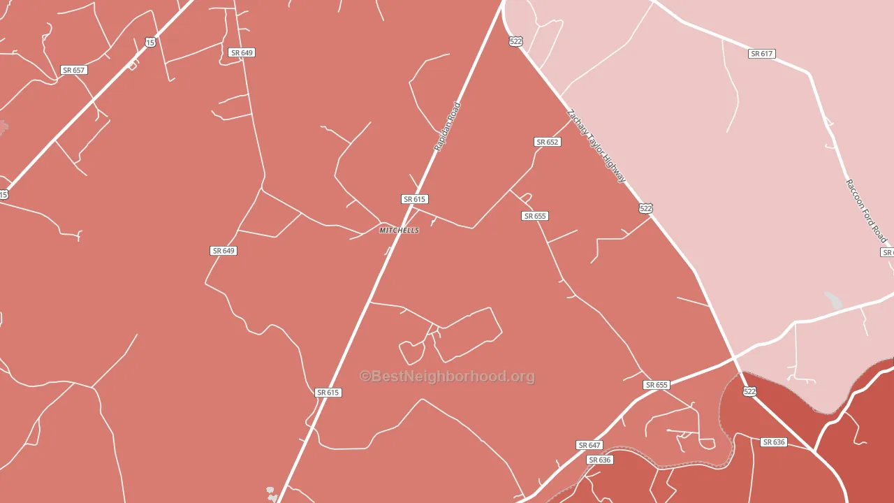 Mitchells, VA block-group political-lean map