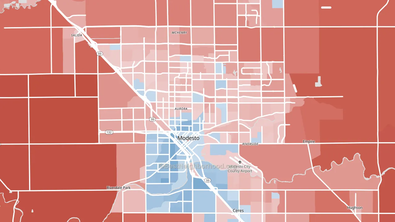 Modesto, CA block-group political-lean map