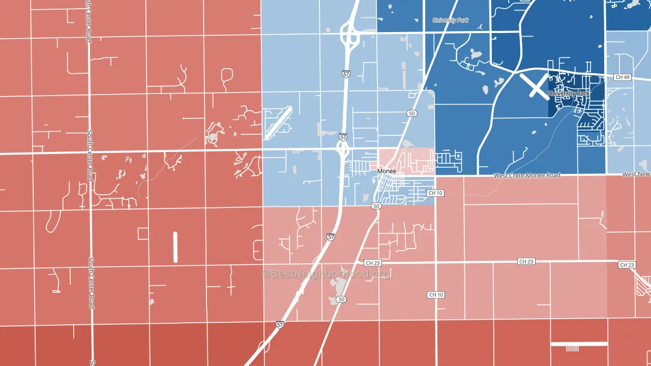 Monee, IL block-group political-lean map