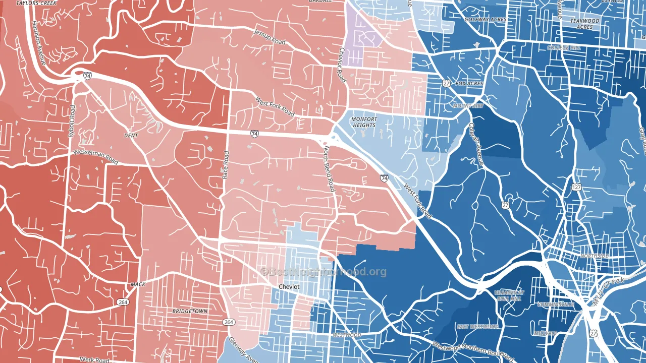 Monfort Heights South, Cincinnati, OH block-group political-lean map