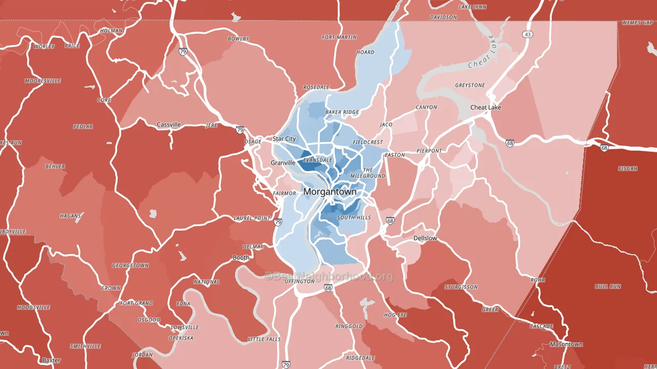 Monongalia County, WV block-group political-lean map
