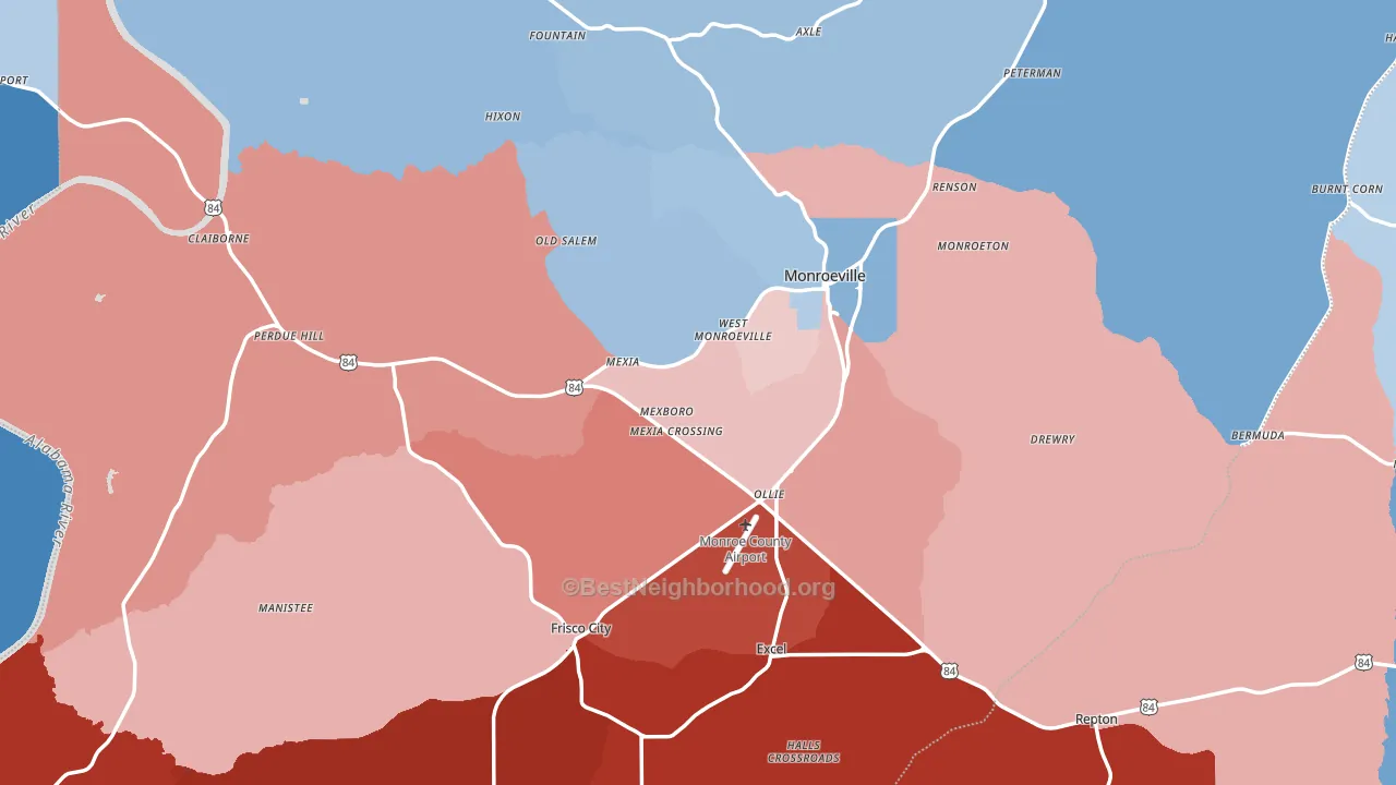 Monroe County, AL block-group political-lean map