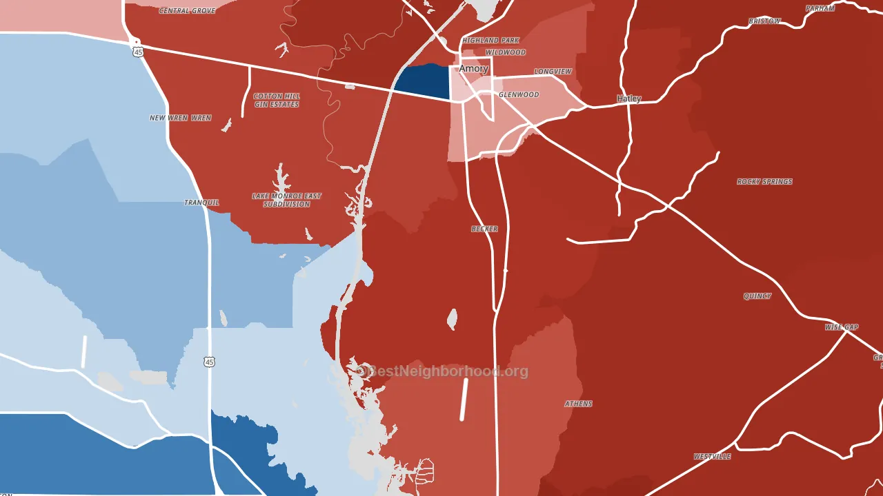 Monroe County, MS block-group political-lean map