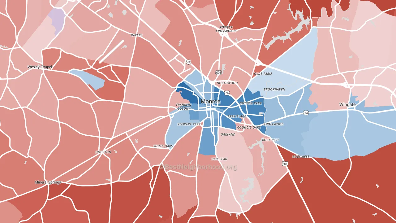 Monroe, NC block-group political-lean map