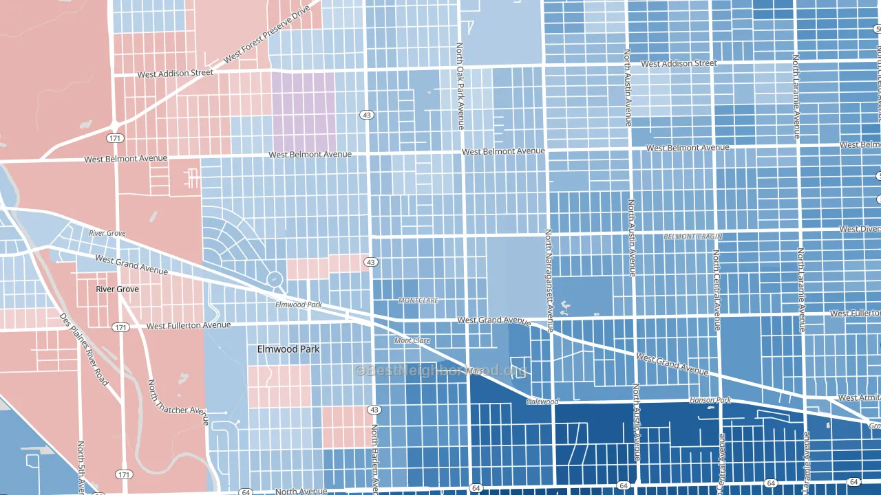 Montclare, Elmwood Park, IL block-group political-lean map