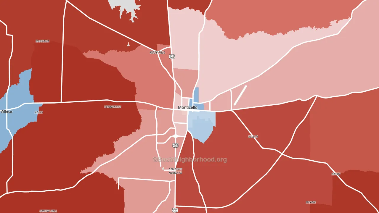 Monticello, AR block-group political-lean map