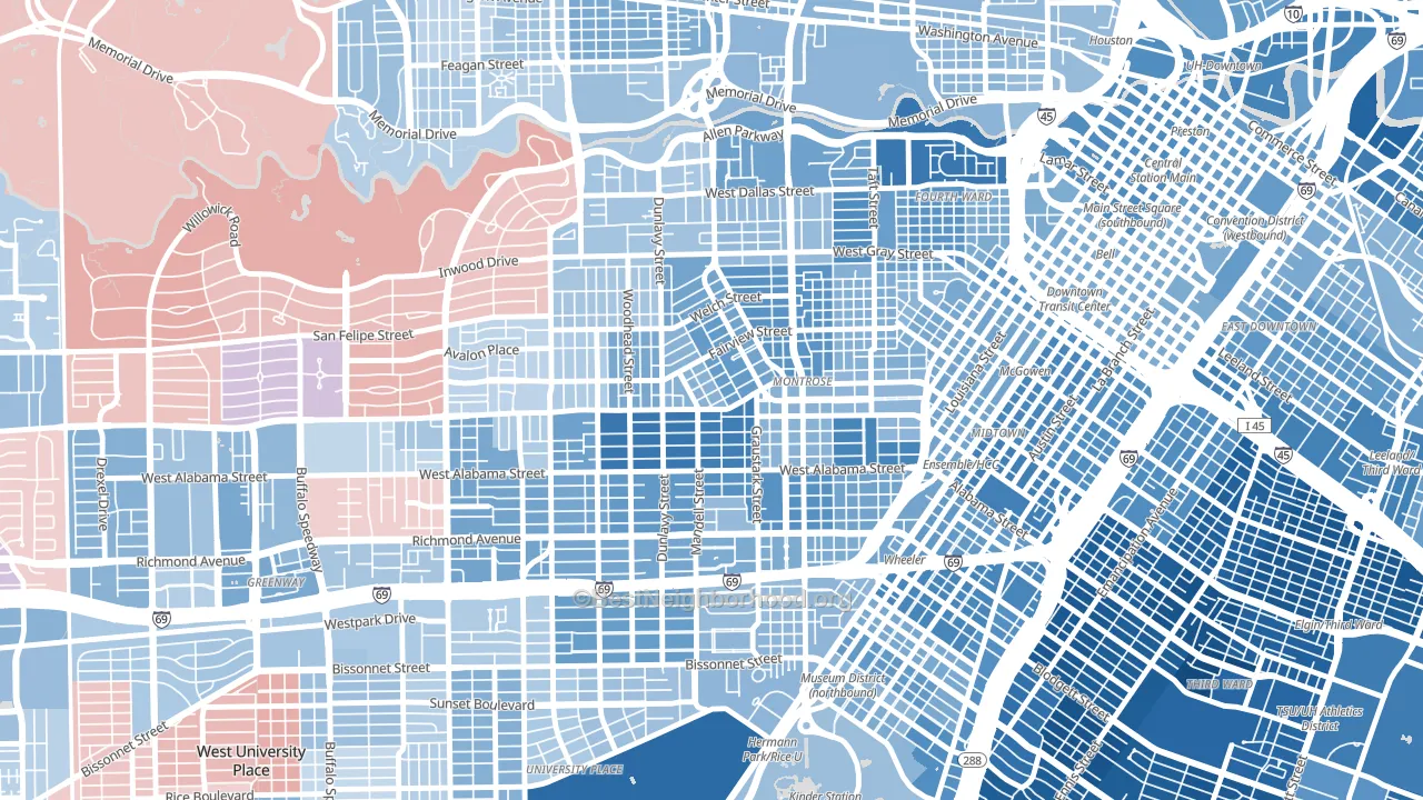 Montrose, Houston, TX block-group political-lean map
