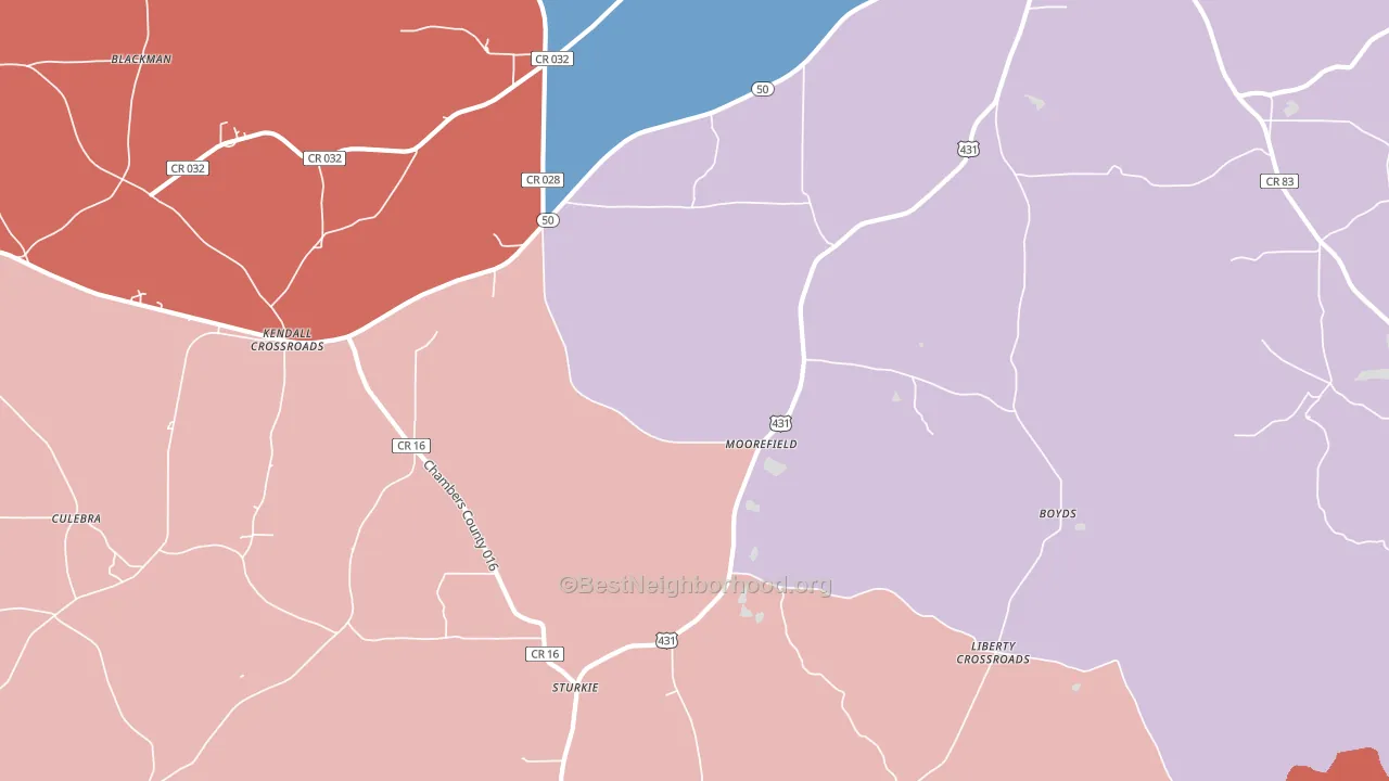 Moorefield, AL block-group political-lean map