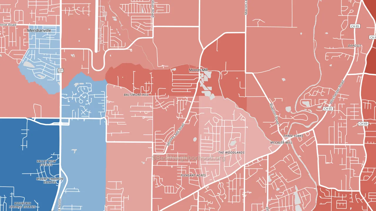 Moores Mill, AL block-group political-lean map