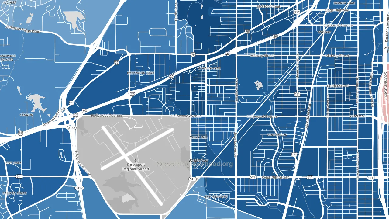 Mooretown and Hollywood Heights, Shreveport, LA block-group political-lean map