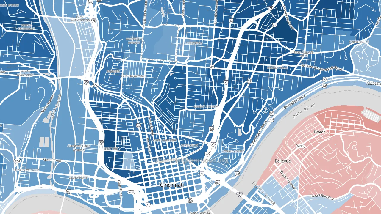 Mount Auburn, Cincinnati, OH block-group political-lean map