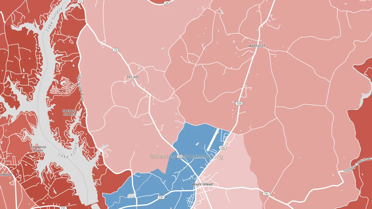 Mount Gilead, NC block-group political-lean map