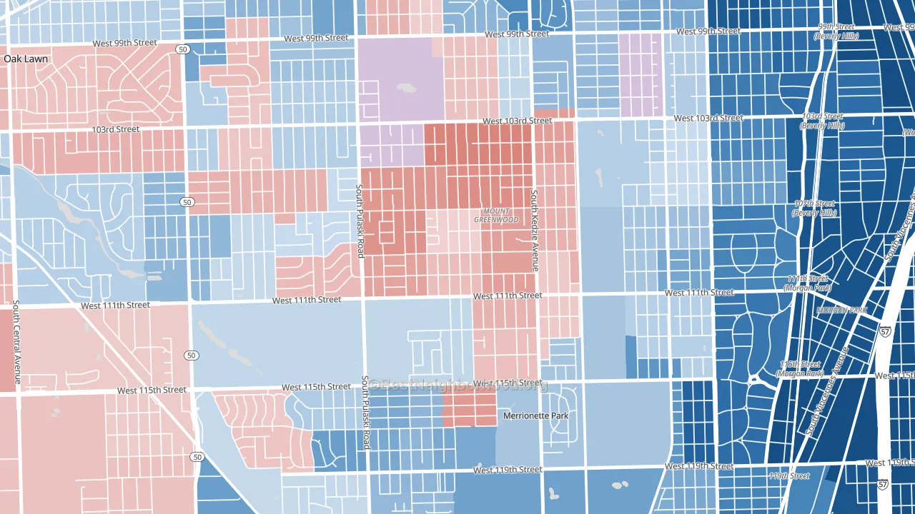 Mount Greenwood, Chicago, IL block-group political-lean map