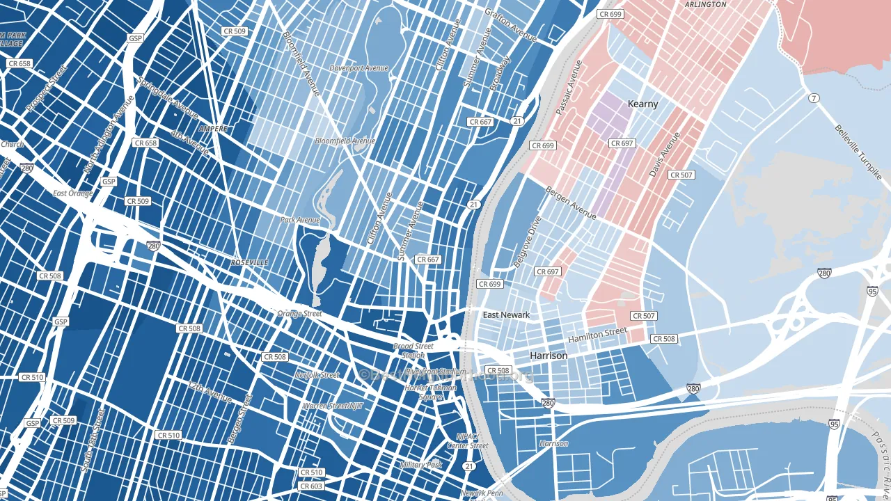 Mount Pleasant-Lower Broadway, Newark, NJ block-group political-lean map