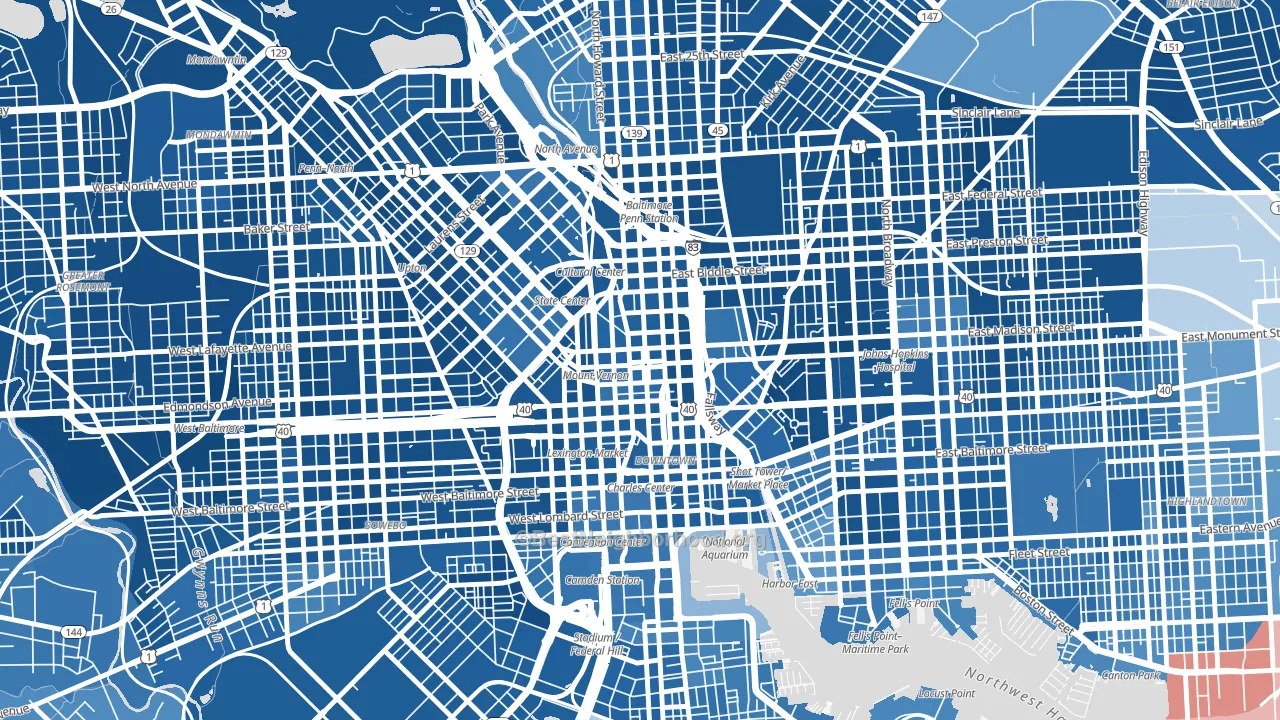 Mount Vernon, Baltimore, MD block-group political-lean map