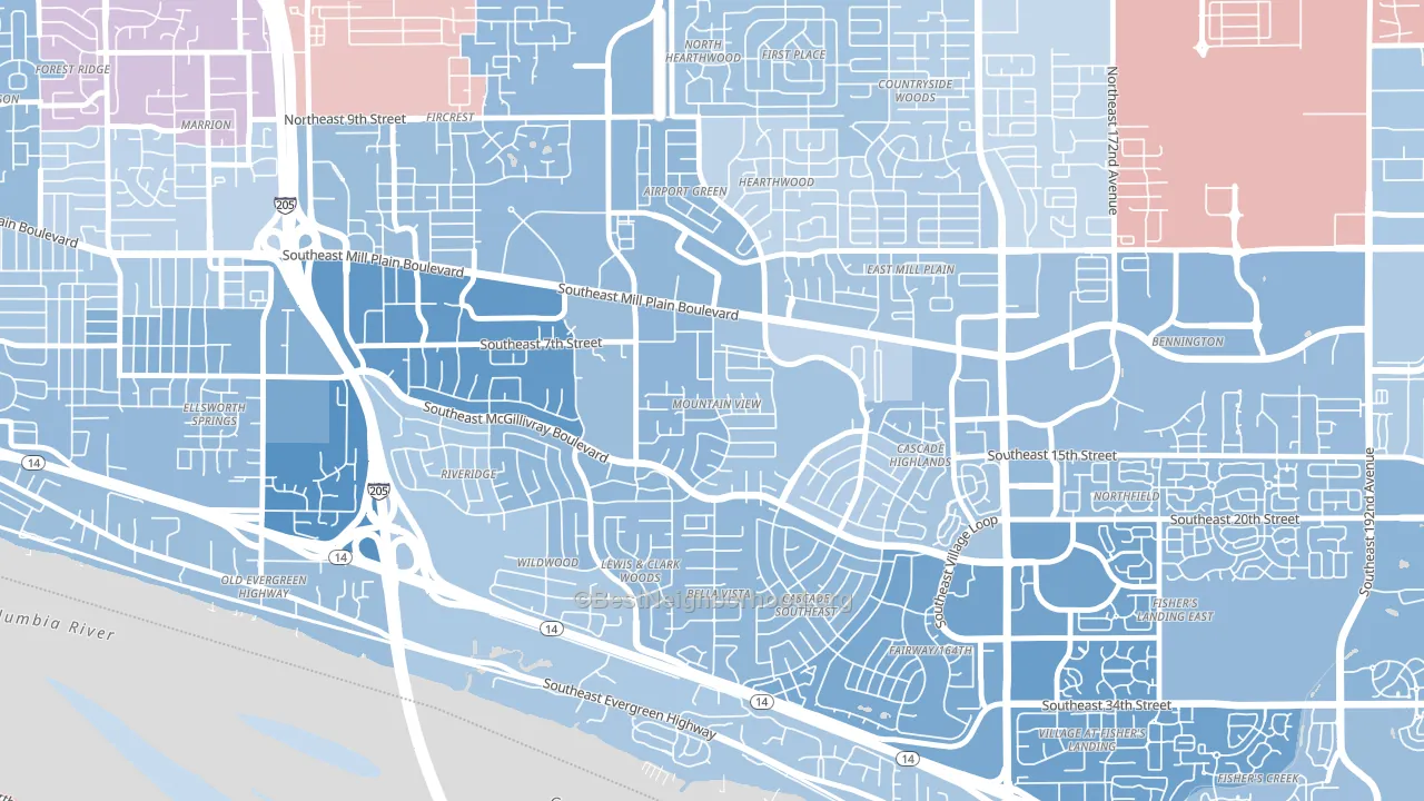 Mountain View, Vancouver, WA block-group political-lean map